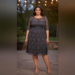 $158 - 5X - Kiyonna gray luna lace formal party wedding dress fit & flare FLAW